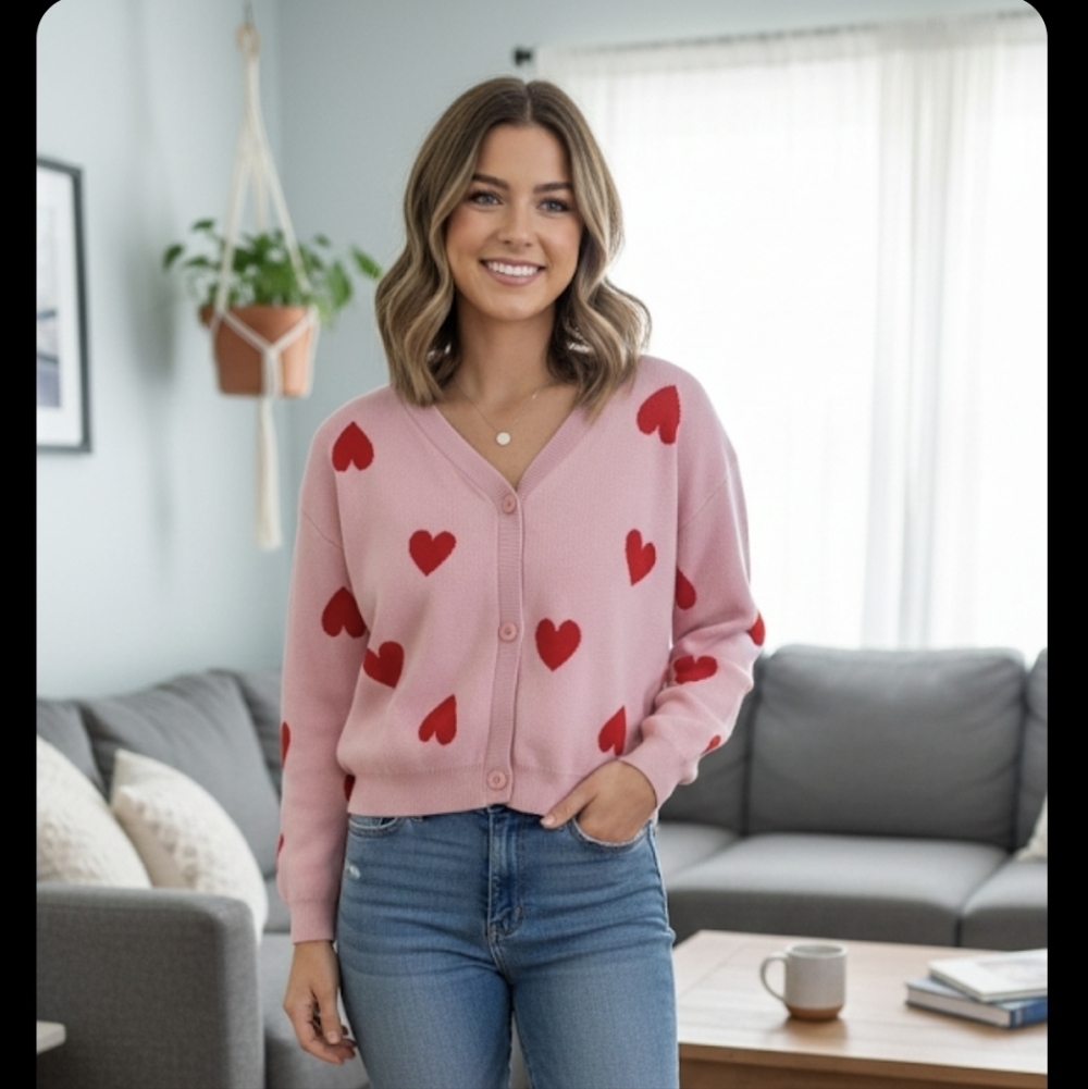 DKNY Pink Sweater with Red Heart Pattern